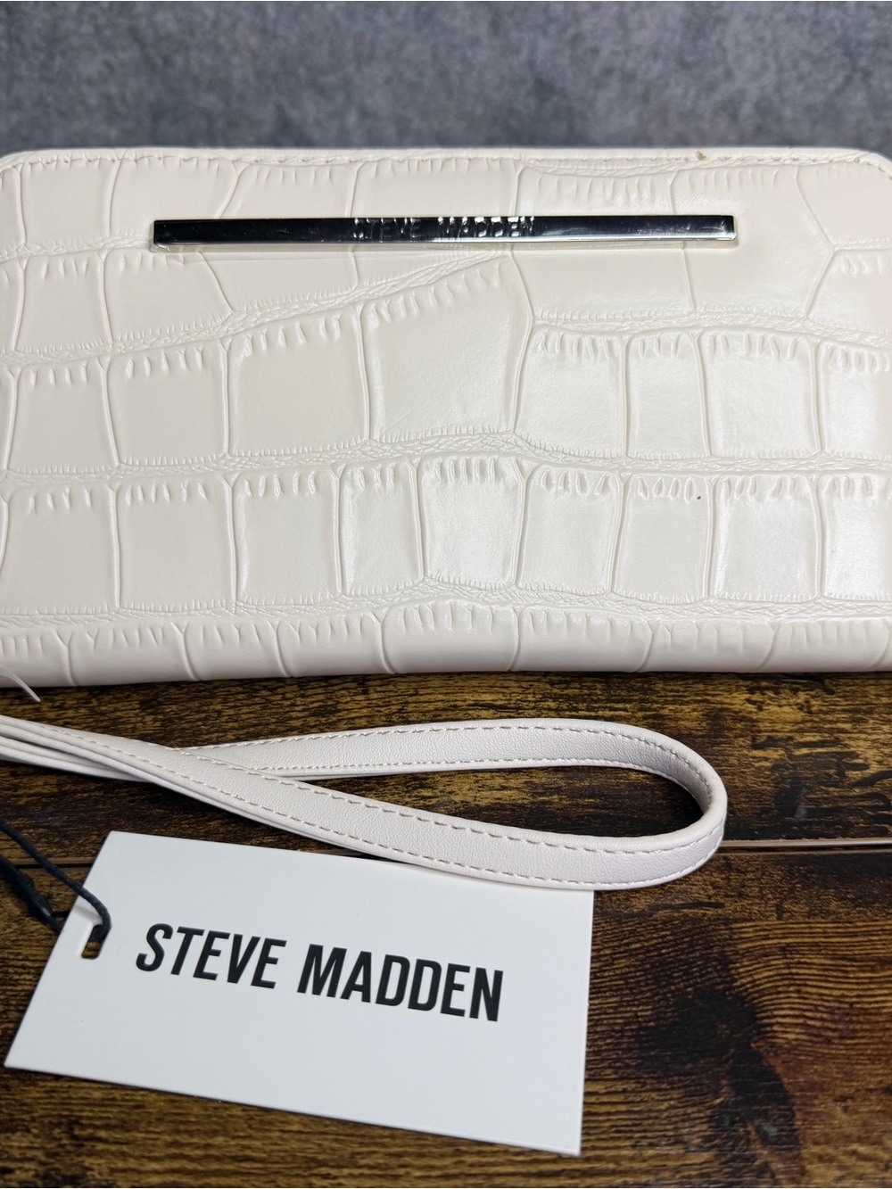 Steve Madden White Croc-Embossed Wristlet with Silver Accent